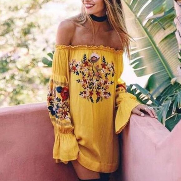 Yellow Floral Embroidered Off Shoulder Long Sleeve Mini A-Line Shift Dress‎ - Picture 2 of 6